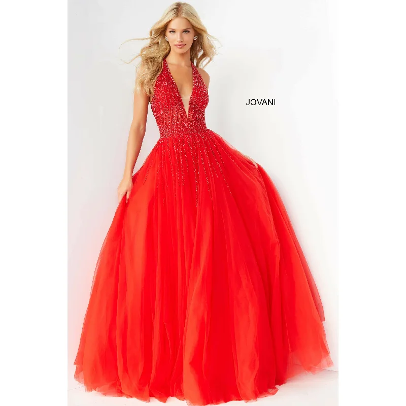 Trend Forward Threads Jovani Red Halter Neckline Tulle Prom Ballgown 06598