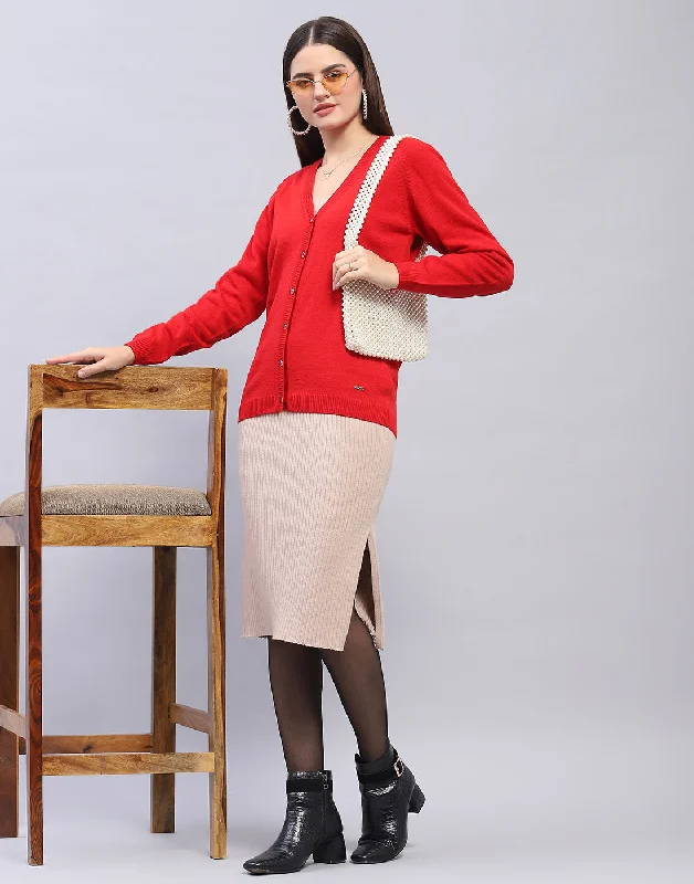 Style Redefined Women Red Solid V Neck Full Sleeve Cardigan