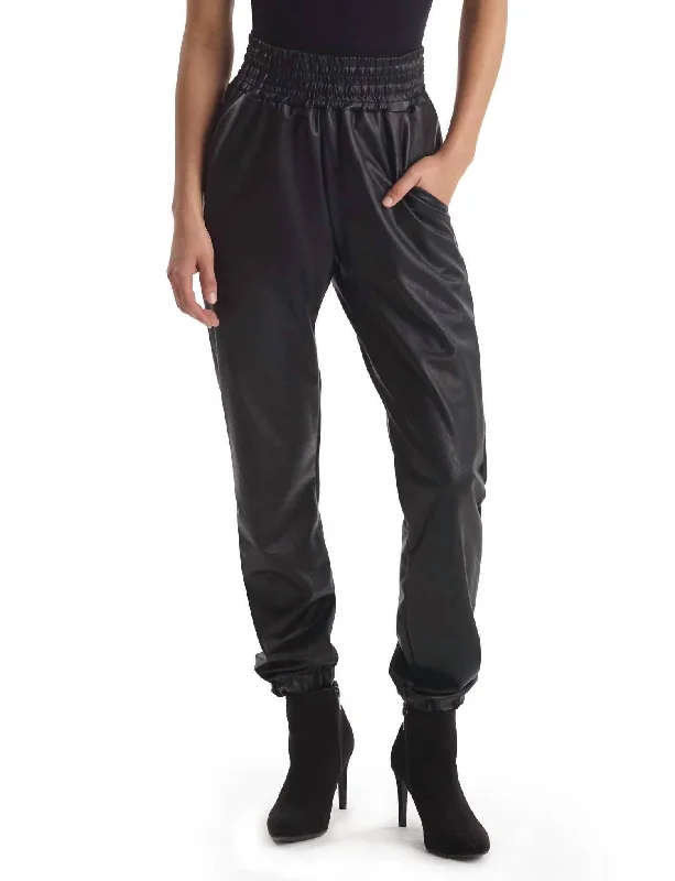 Trendy Urban Attire Faux Leather Smocked Jogger In Black