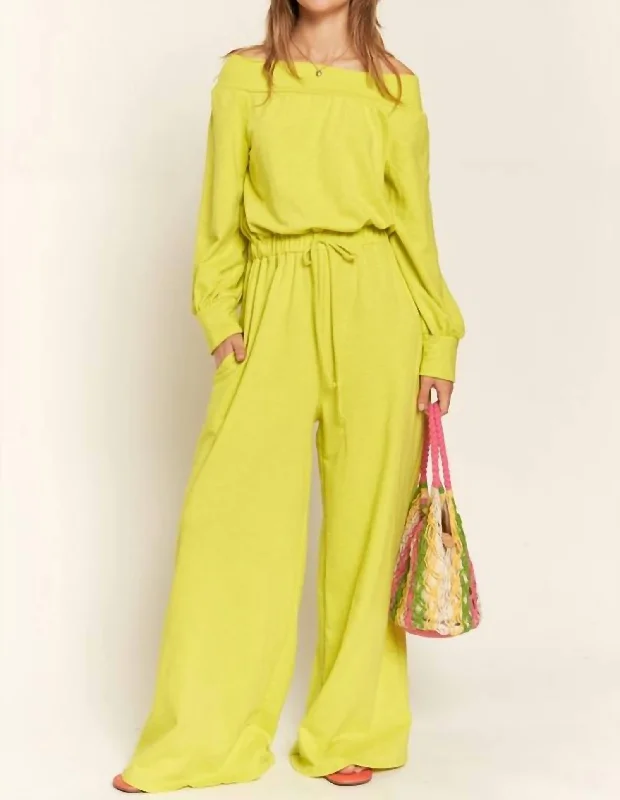 Clearance Event One Shoulder Terry Jumpsuit In Lime