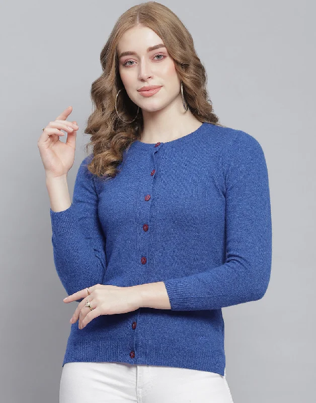 Crazy Price Slashing Women Blue Solid Round Neck Full Sleeve Cardigan