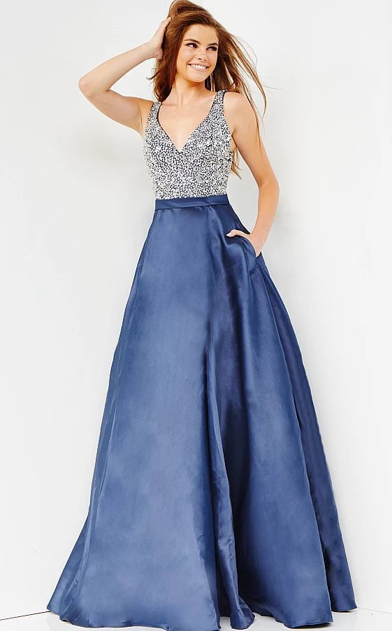 Final Sale JVN08473 Navy Embellished Bodice V Neck Prom Ballgown