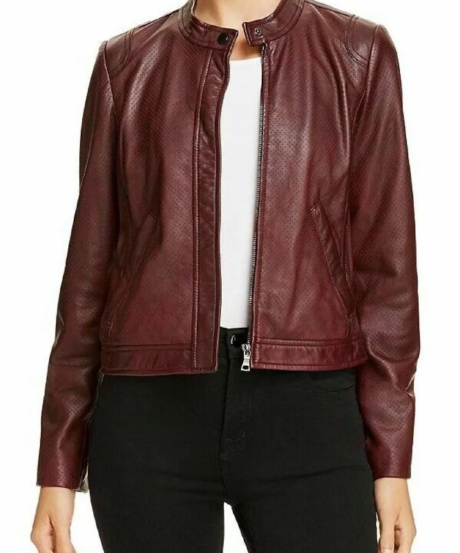 Trendy Street Style Attire Perforated Leather Jacket In Bordeaux