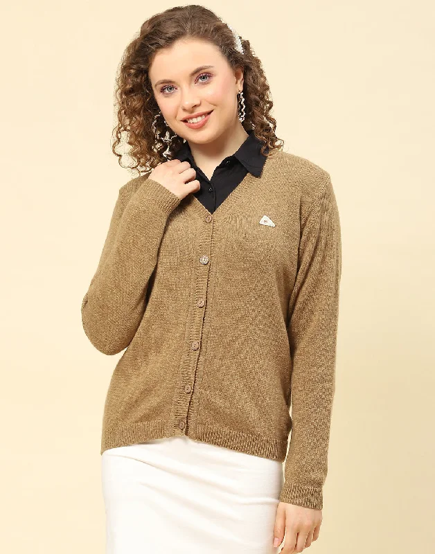 All Season Basics Discount Women Brown Solid V Neck Full Sleeve Cardigan