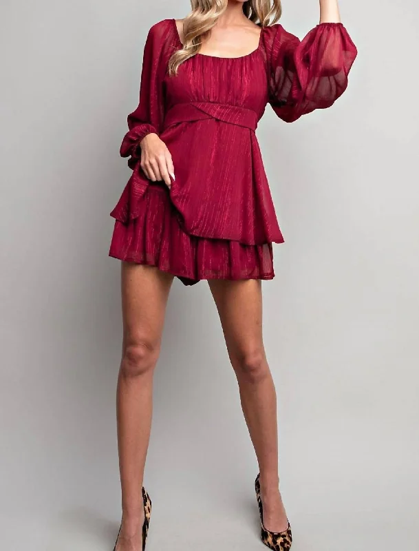 Timeless Classics Women's Flare Bubble Sleeve Romper In Wine