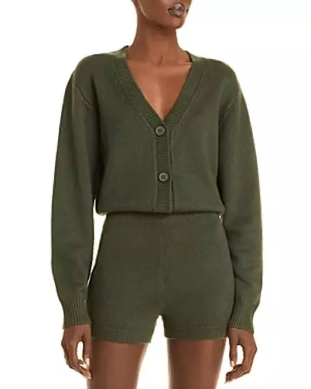 Free Spirited Fashion Romper Green Long Sleeve Knit Button Up V-Neck In Olive