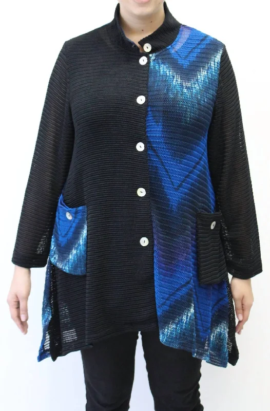 Best Deals Of The Season Mandarin Loose Weave Knit Jacket - Plus In Blue & Black