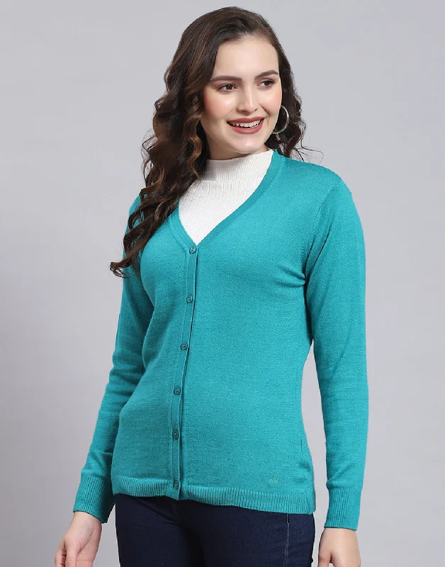 Mother's Day Special Women Turquoise Blue Solid V Neck Full Sleeve Cardigan