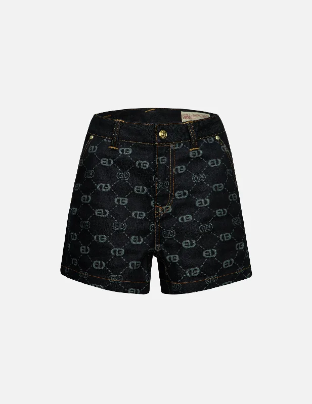 Father's Day Deals Allover Logo Jacquard and Seagull Embroidery Loose Fit Denim Short