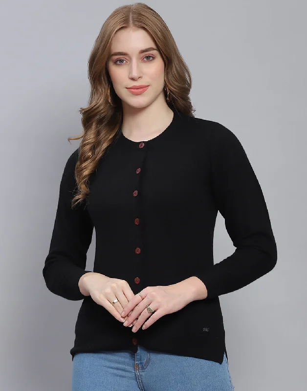 Chic And Trendy Women Black Solid Round Neck Full Sleeve Cardigan