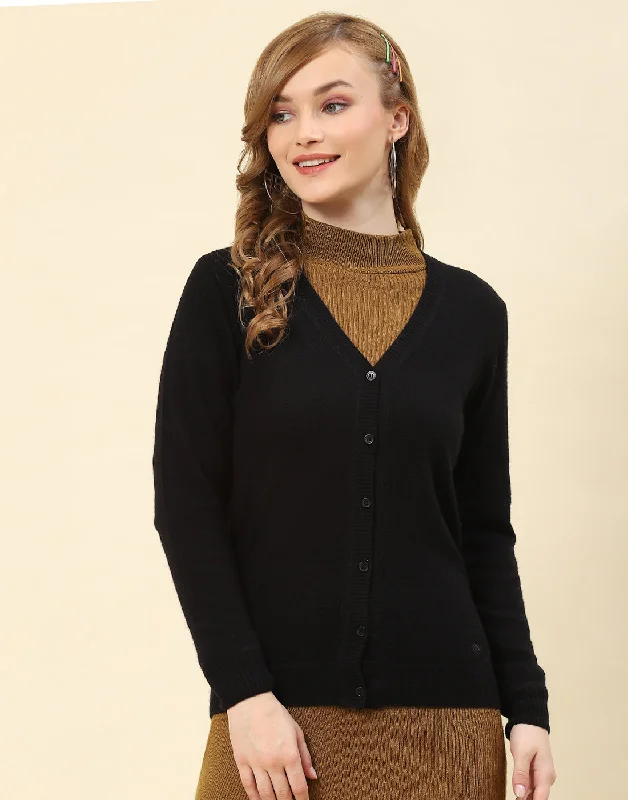 Holiday Attire Sale Women Black Solid V Neck Full Sleeve Cardigan