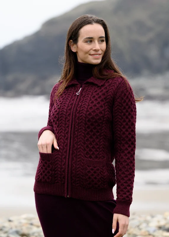 Chic Allure Aran Full Zip Cardigan | Raspberry Marl