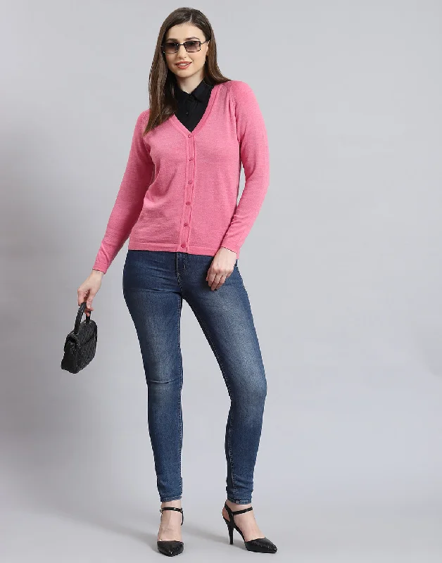 Luxury Fashion Women Pink Solid V Neck Full Sleeve Cardigan