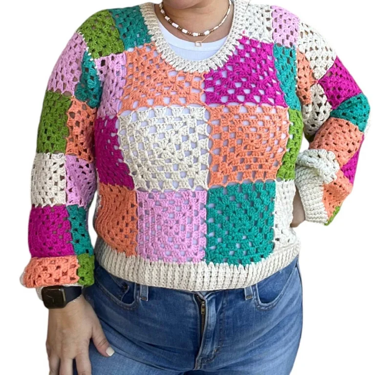 Mid - Week Surprise Long Sleeve Crochet Sweater In Multicolor