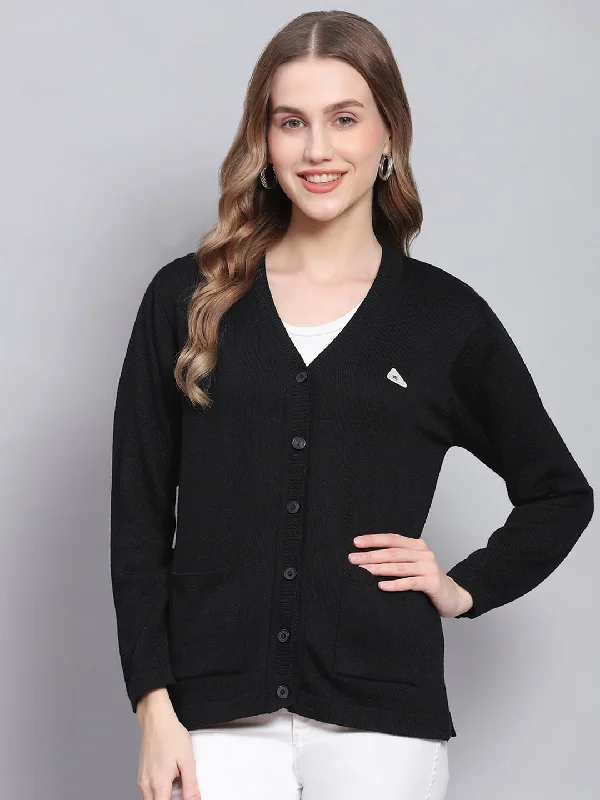 Today Only Women Black Solid V Neck Full Sleeve Cardigans