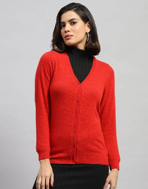 Stylish Statements Women Red Solid V Neck Full Sleeve Cardigan