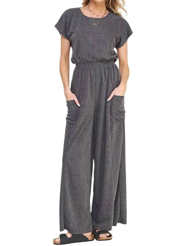 Versatile Wardrobe Essentials Short Sleeve Knit Straight Leg Elastic Jumpsuit In Charcoal