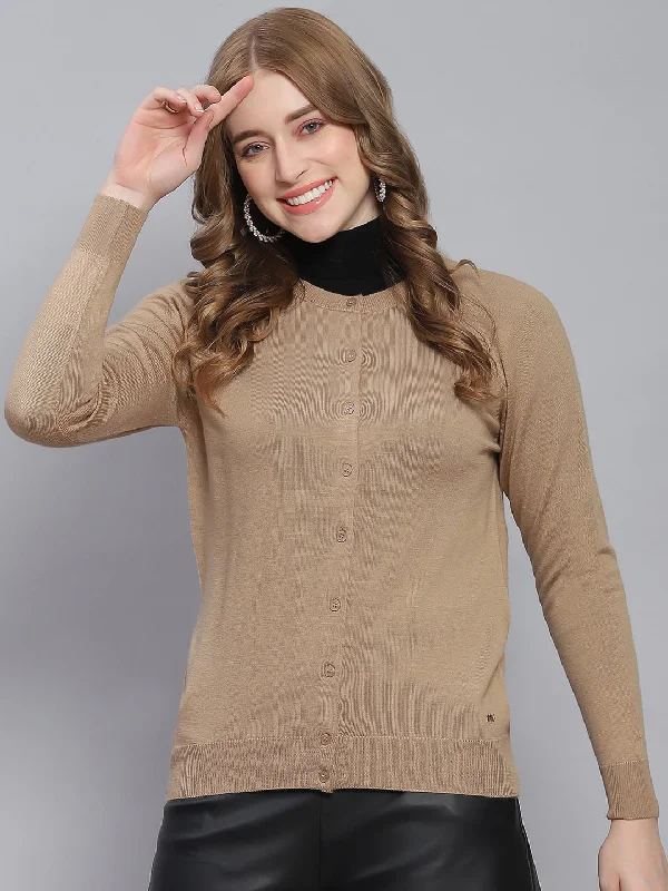 Pastel Styles Women Brown Solid Round Neck Full Sleeve Cardigans