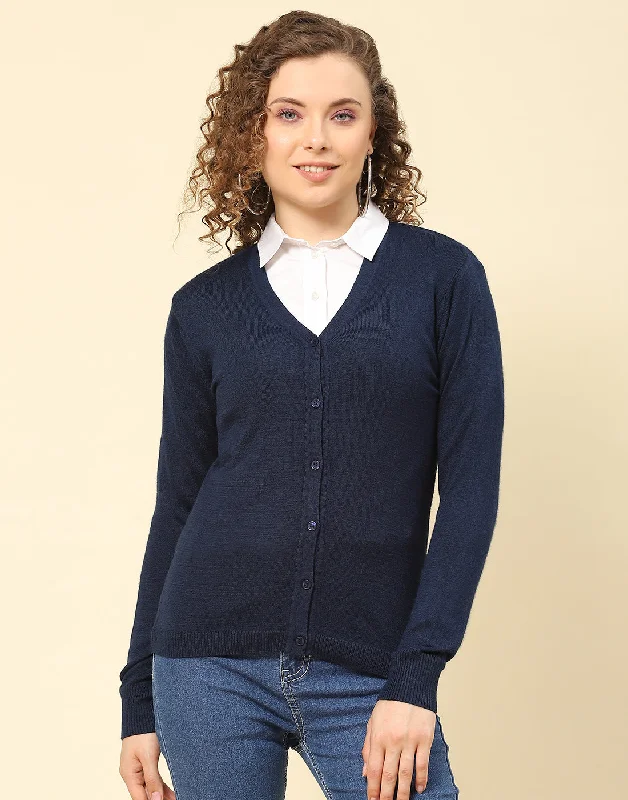 Big Savings On Rustic Countryside Styles Women Navy Blue Solid V Neck Full Sleeve Cardigan