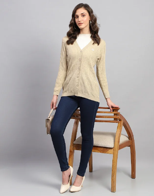 Timeless Classics Women Beige Self Design V Neck Full Sleeve Cardigan