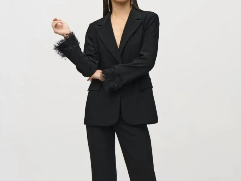 Classic Women's Fashion Silky Knit And Novelty Straight Blazer In Black