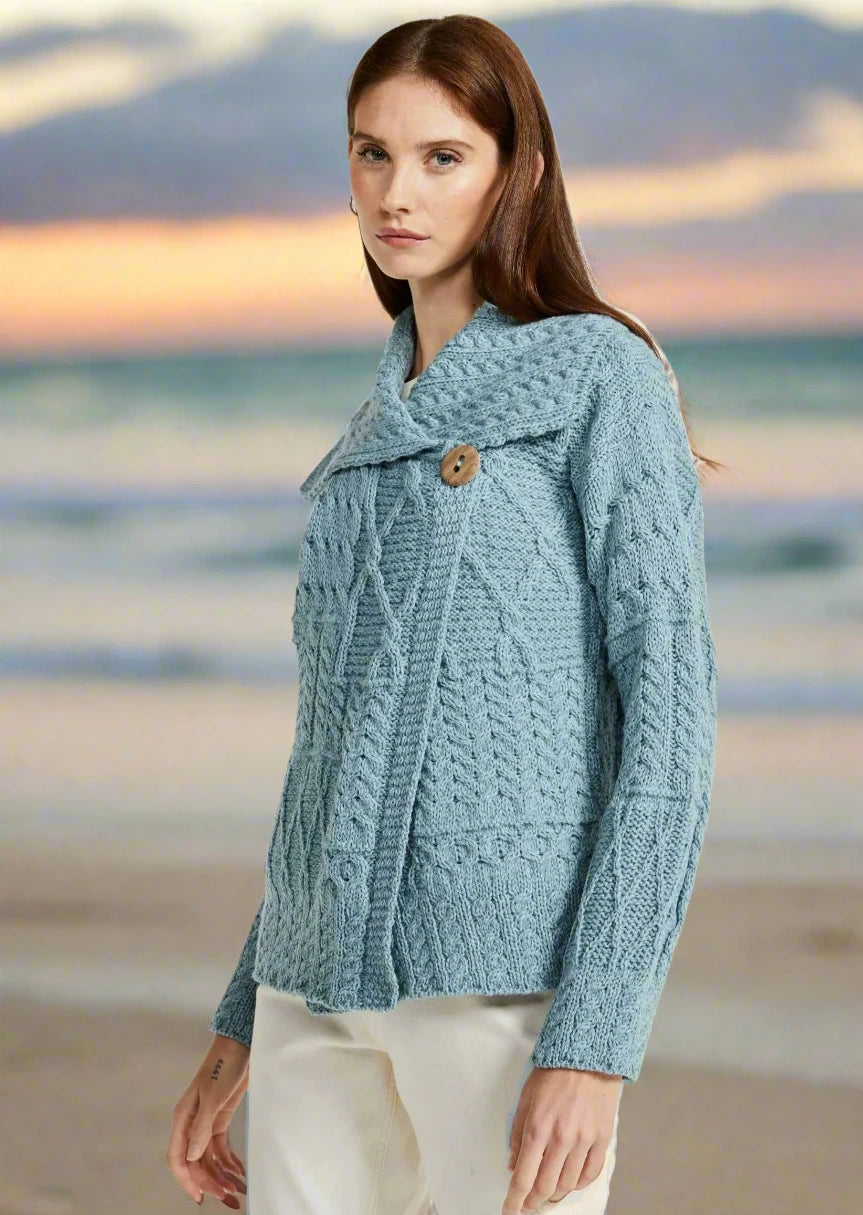 Trendy Urban Attire Patchwork Ladies Aran Cardigan | Mist Marl