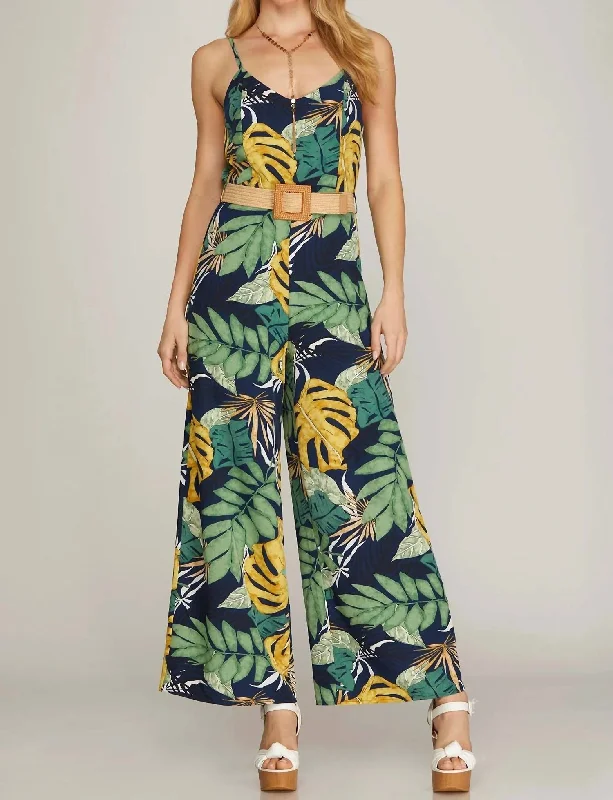 Discount Extravaganza Tropical Print Jumpsuit In Navy