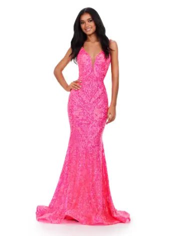 Fashion Essentials ASHLEYlauren 11466 Spaghetti Strap V-Neck Stretch Sequin Gown with Low Back