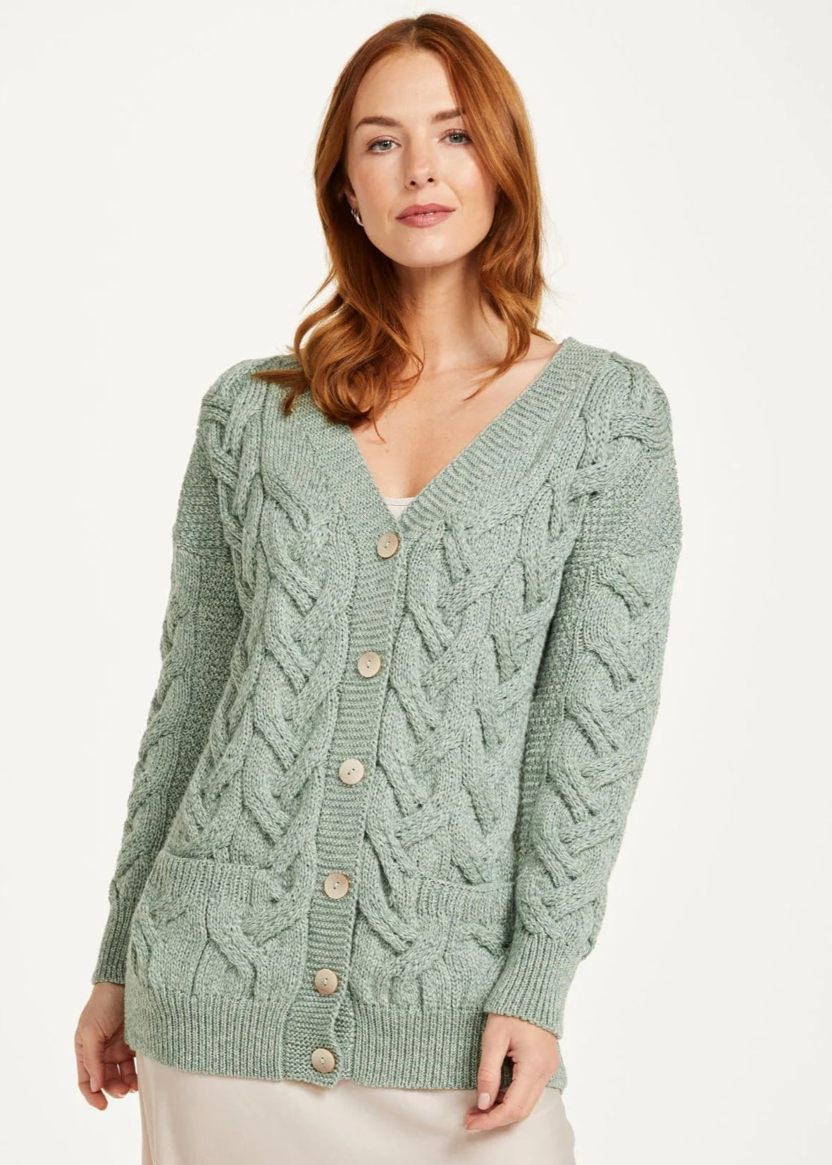 Timeless Elegance Redefined Downpatrick Ladies Aran Cardigan | Mint Green