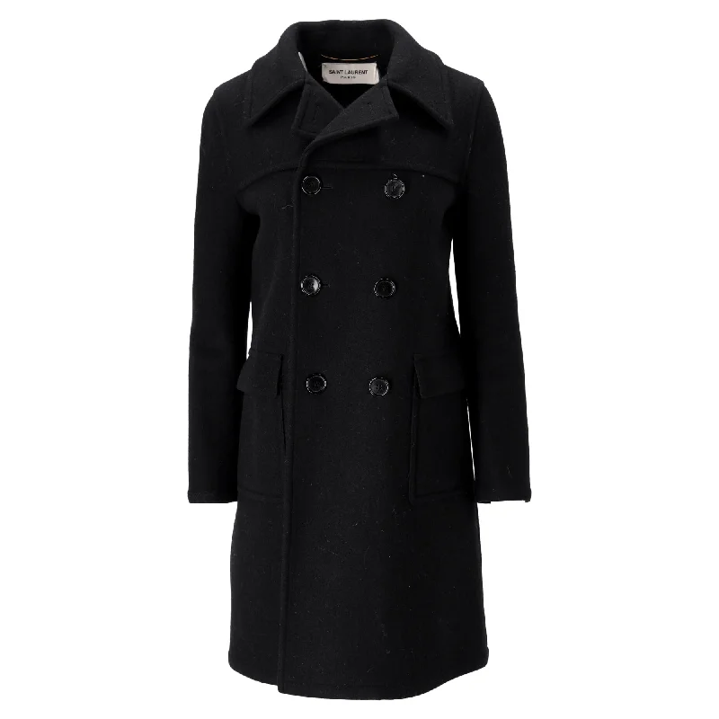 Season Offer Saint Laurent Double-Breasted Coat in Black Wool