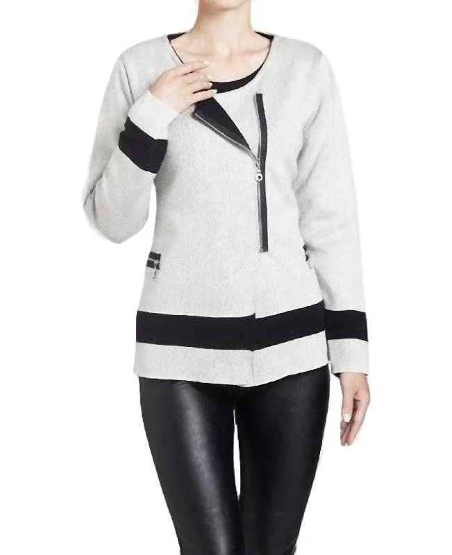 Gift Ideas Contrast Off-Ctr Zip Cardigan In Stone/black