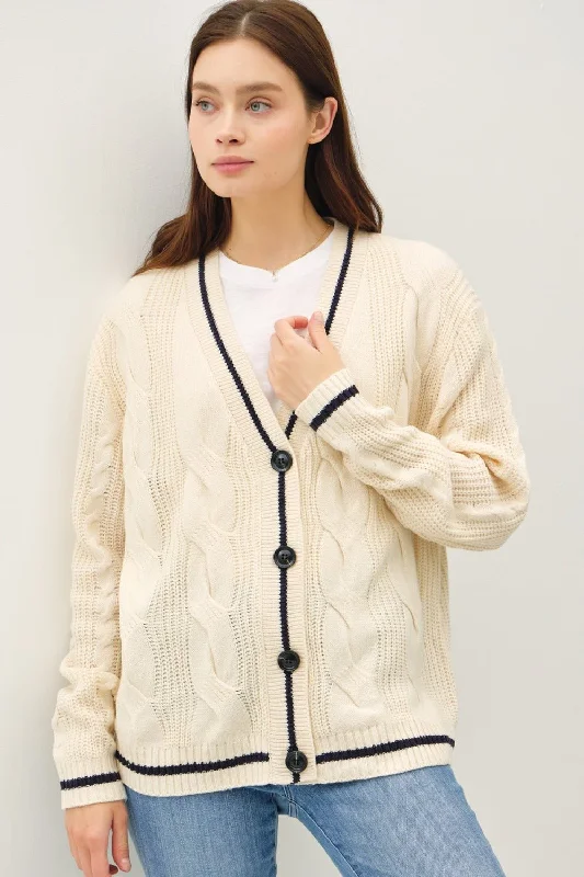 The Good Stuff Cable-Knit V-Neck Cardigan - Cream