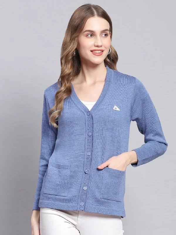 Final Clearance Women Blue Solid V Neck Full Sleeve Cardigans