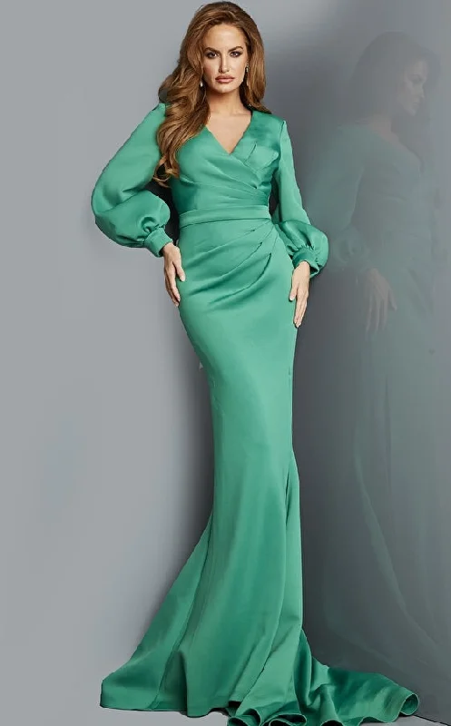 Flash Sale Now Jovani 07047 Emerald Long Sleeve V Neck Evening Gown