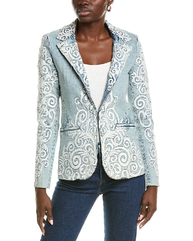 Laid-Back Elegance alice + olivia Macey Embroidered Denim Blazer