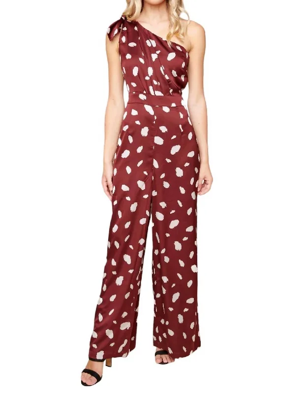 Season Offer Sabine Abstract Dot Satin One Shoulder Jumpsuit In Burgundy-White