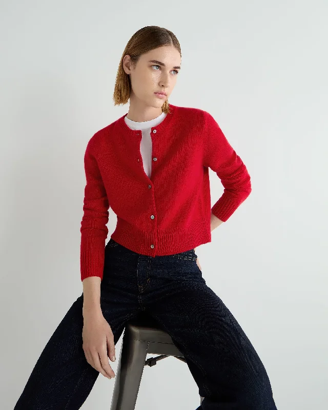 Preppy Style Women's Chunky Crop Cashmere Cardigan Riding Red