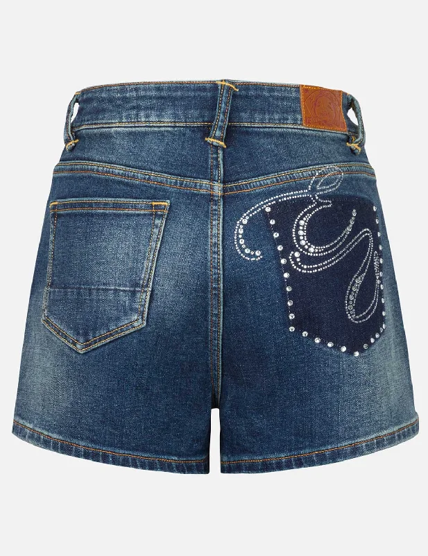 Flash Sale “EV” Rhinestone Embellished Loose Fit Denim Shorts