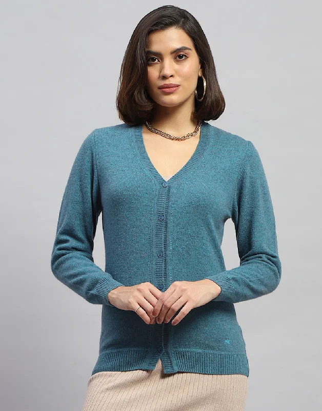 Innovate Your Wardrobe Women Blue Solid V Neck Full Sleeve Cardigan