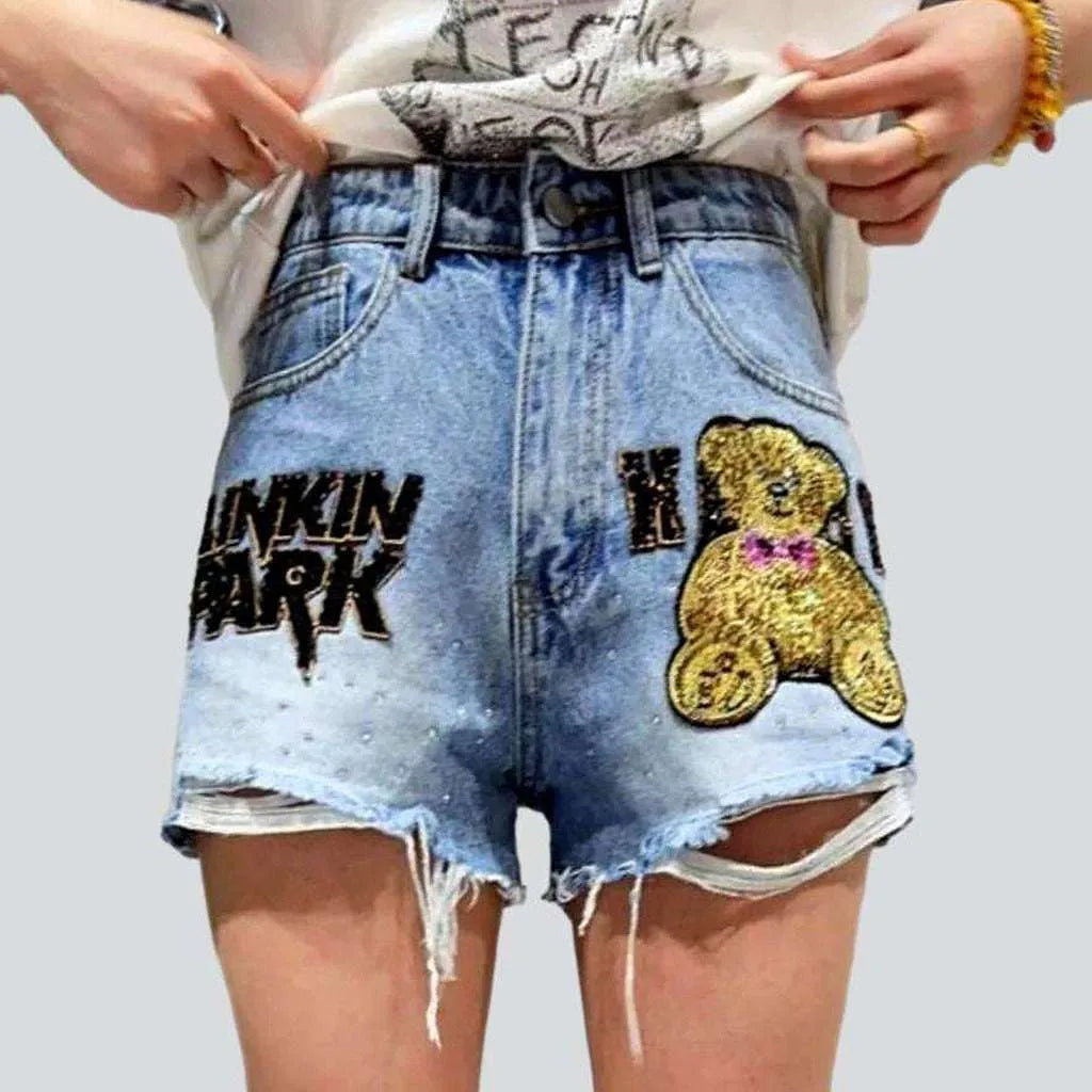 Innovate Your Wardrobe Teddy bear embroidery denim shorts