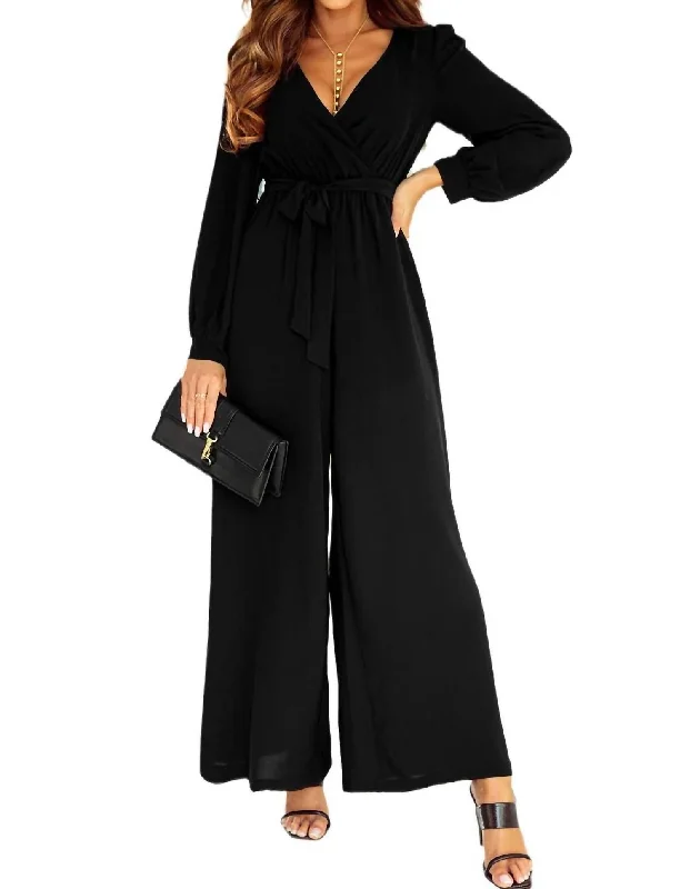 Fashionista Favorites Cutout Back Belted V Neck Wide Leg Jumpsuit In Black