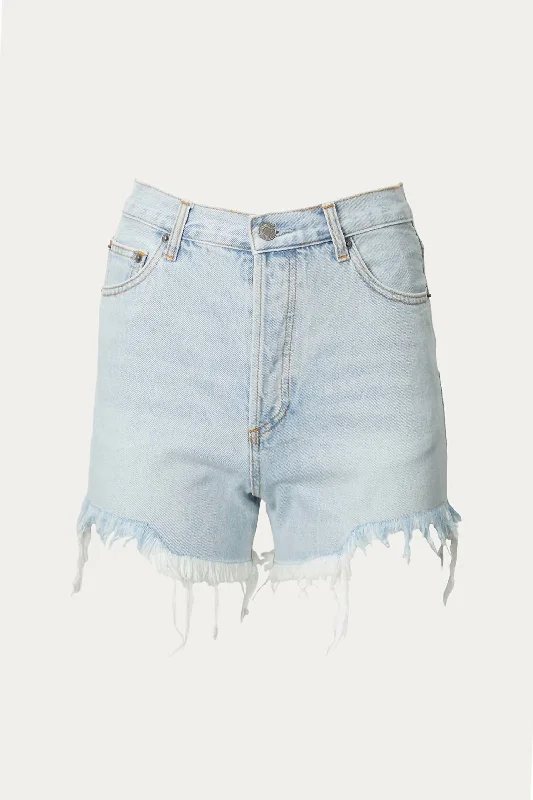 Style Beyond Borders Distressed Frayed High-Rise Denim Shorts In Light Blue