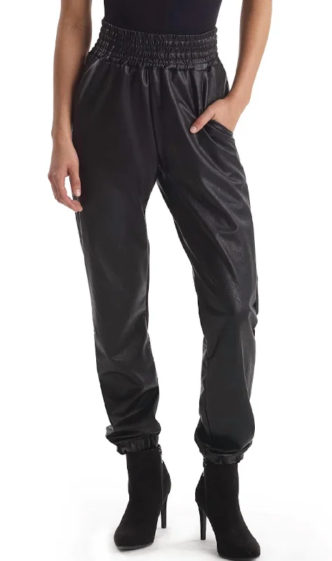 Style Revolution Faux Leather Jogger With Elastic Waist & Hem In Black