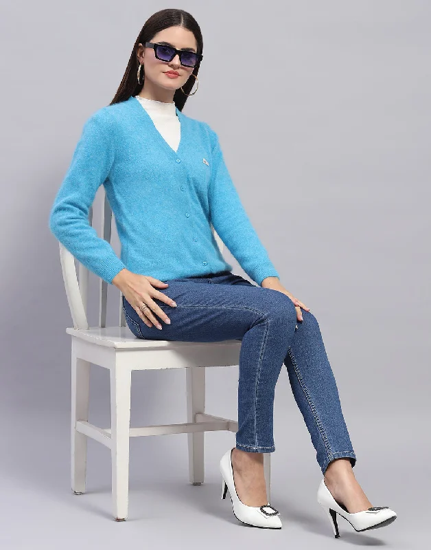 Comfort First Women's Fashion Women Turquoise Blue Solid V Neck Full Sleeve Cardigan