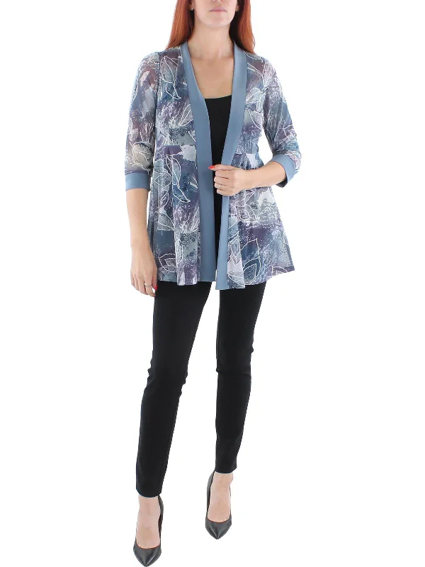 Feminine Grace Petites Womens Mesh Printed Duster Blazer