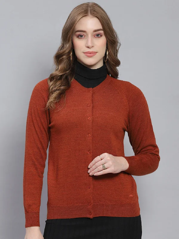 Fashion For Every Occasion Women Rust Solid Round Neck Full Sleeve Cardigans