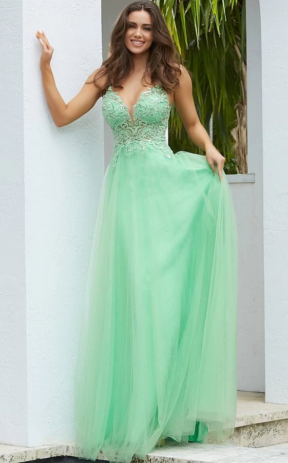 Budget Friendly JVN07595 Lime Illusion Bodice Tulle Prom Gown