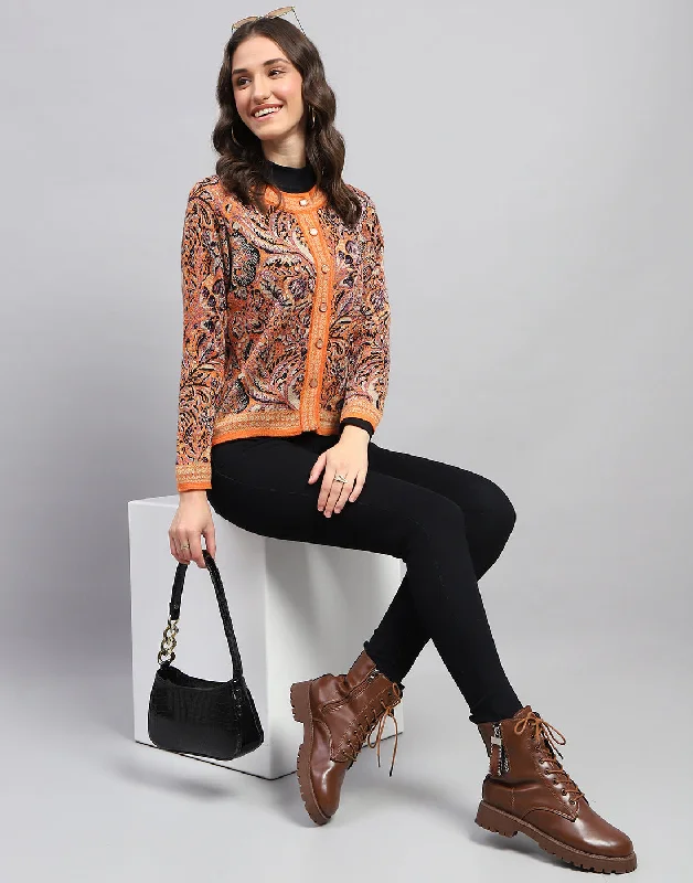 Trend Alert Women Orange Self Design Round Neck Full Sleeve Cardigan