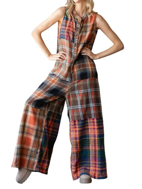 Must-Have Styles Washed Plaid Jumpsuit In Rust