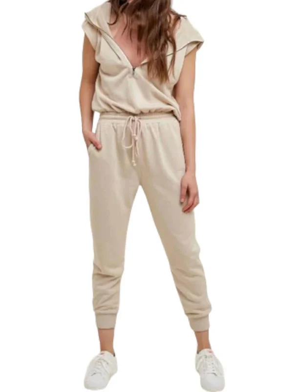 Wardrobe Essentials French Terry Hooded Jumpsuit In Taupe